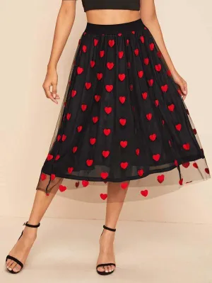Heart Embroidery Mesh Flare Skirt