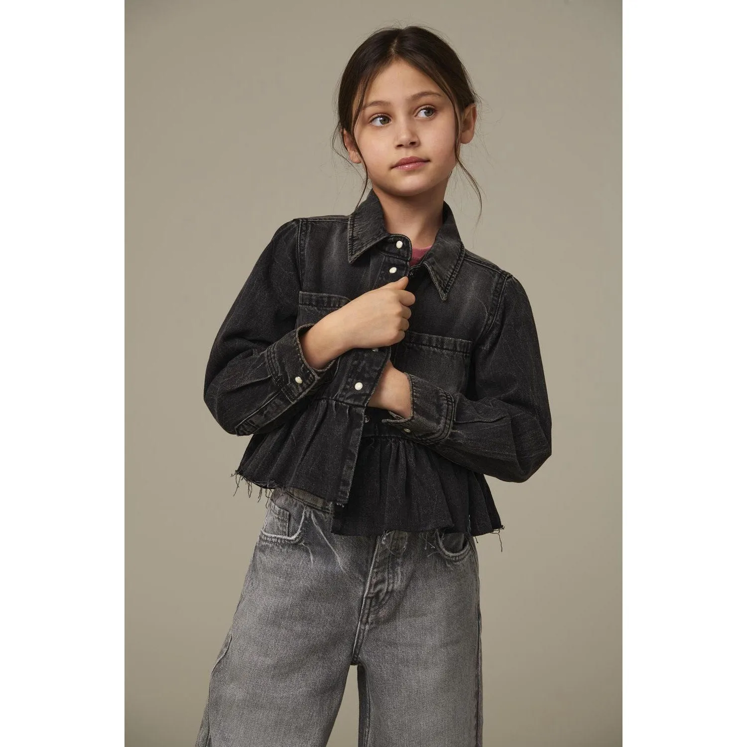kids ONLY Washed Black Broadway Frill Denim Shirt Red Akm
