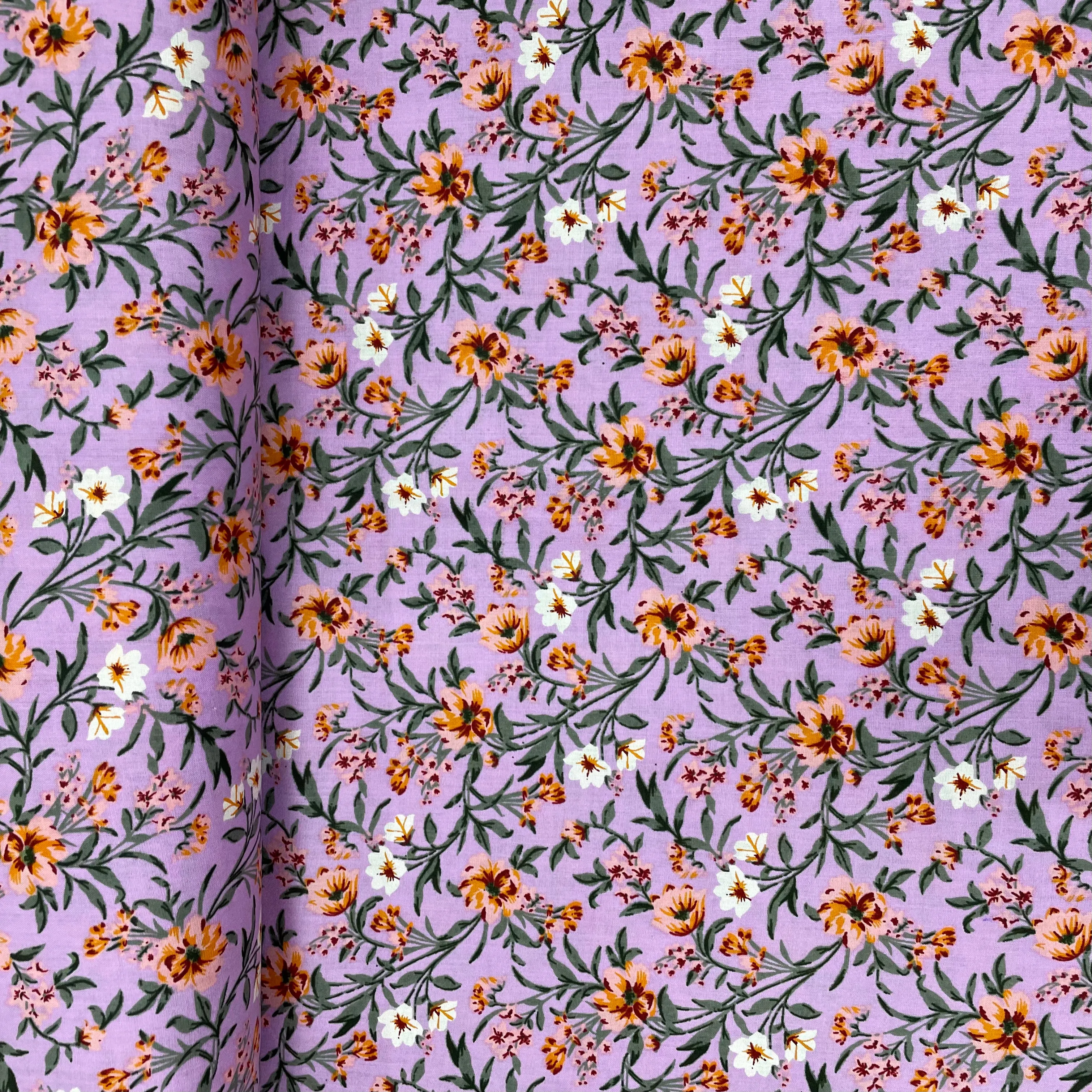 Light Purple With Orange Floral Print Rayon Fabric