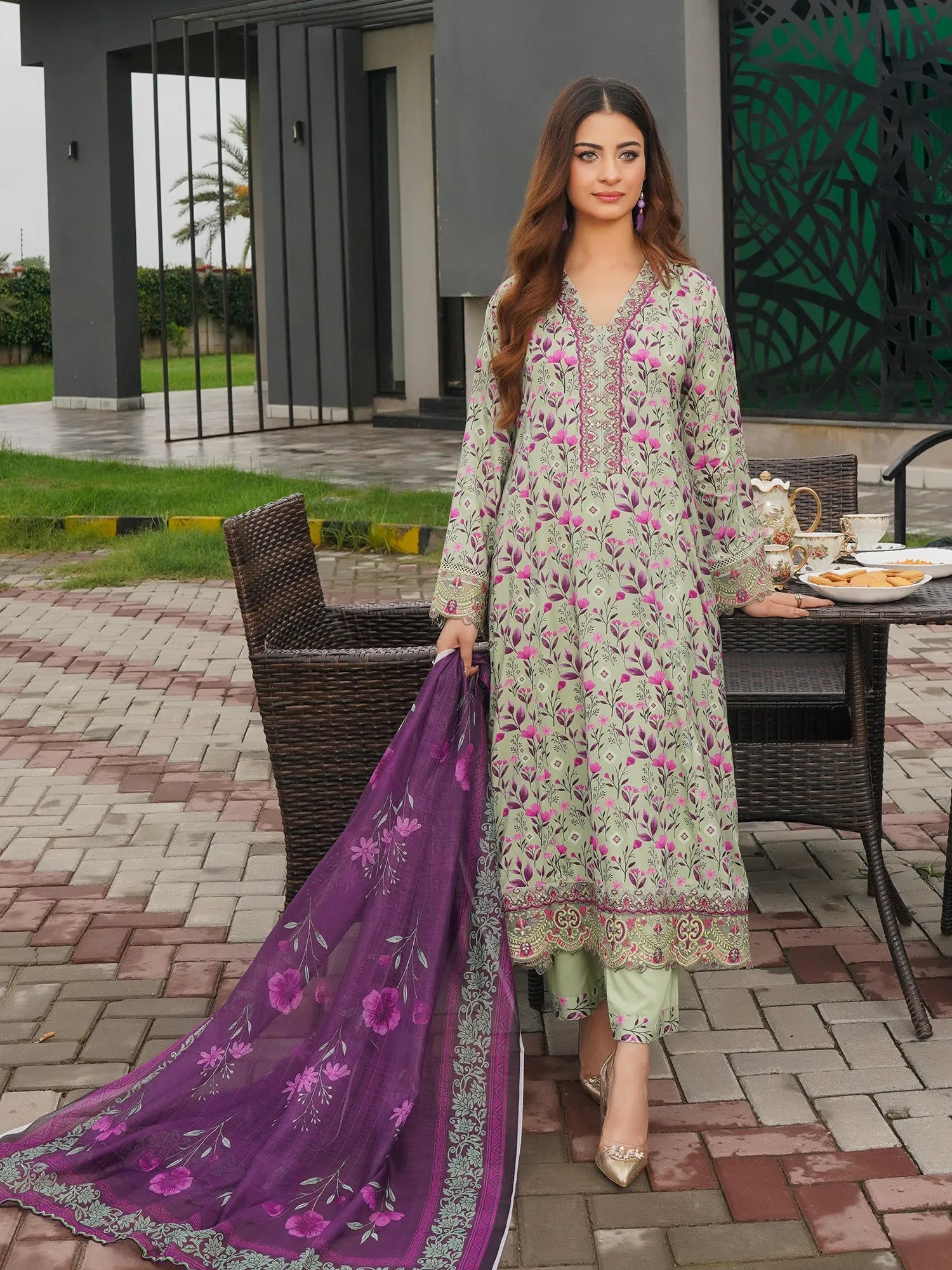 Munira Linen Long Frock Suit (MSL-01) - Light Green