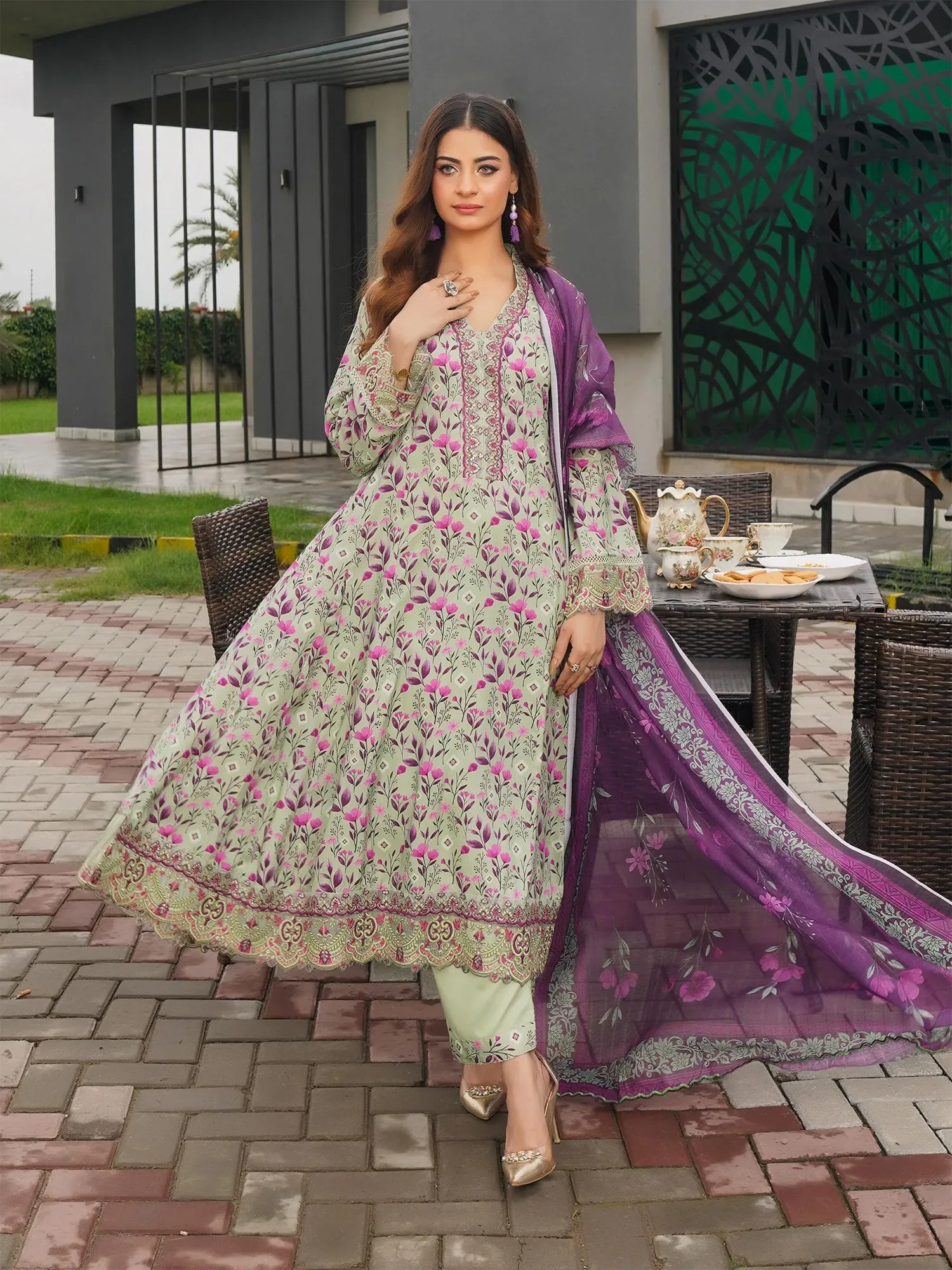 Munira Linen Long Frock Suit (MSL-01) - Light Green