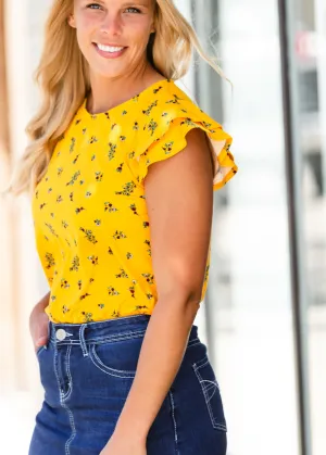 Mustard Floral Flutter Sleeve Top - FINAL SALE