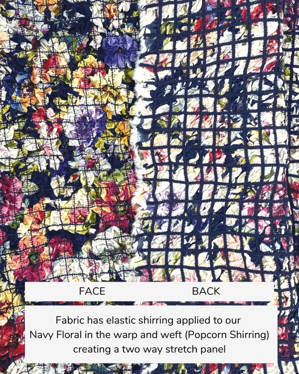 Navy Floral Fabric with Elastic Smocking Shirring for Two Way Stretch | Multicolor Flowers on Cotton Lawn