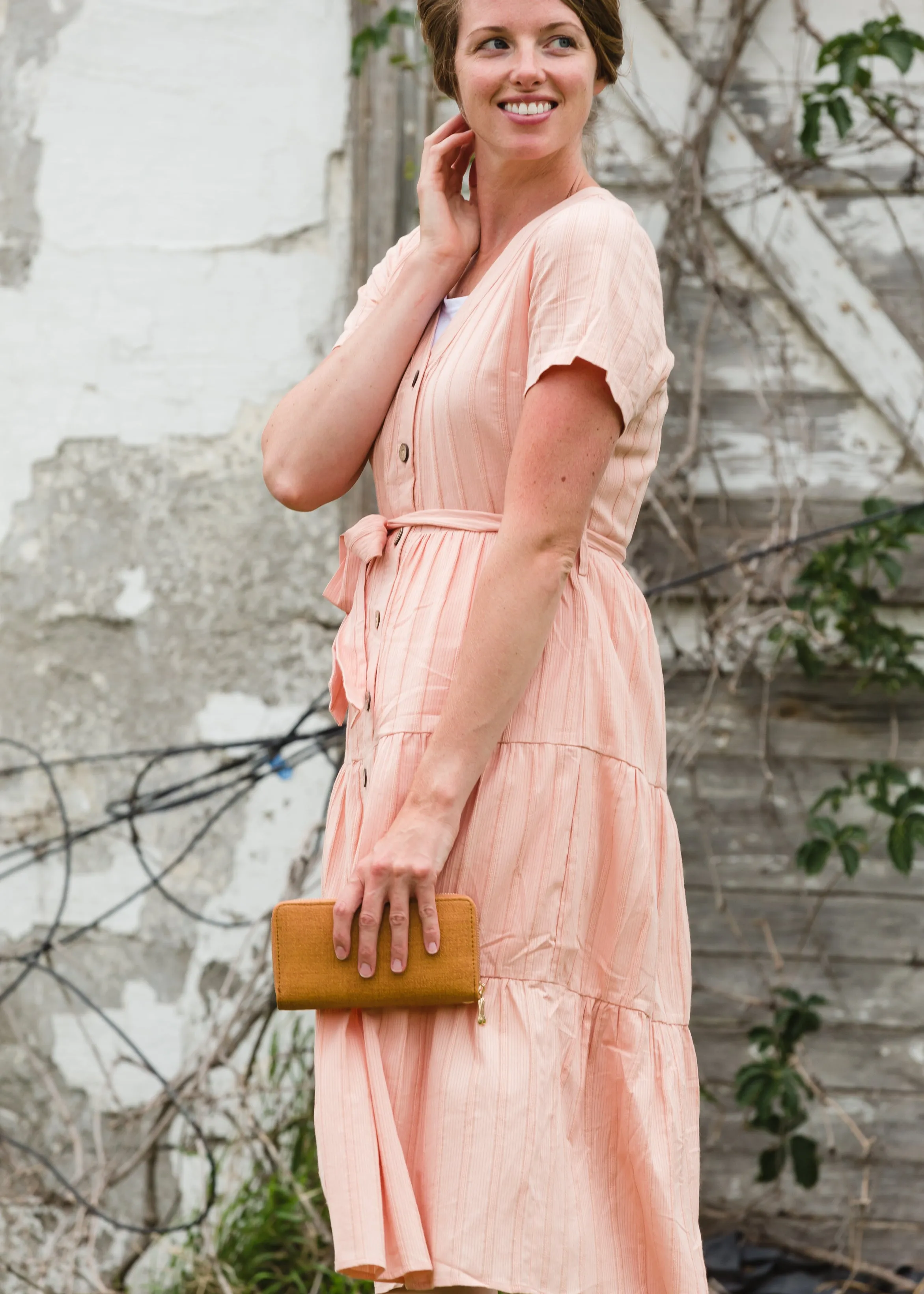Peach Button Front V-Neck Midi Dress - FINAL SALE