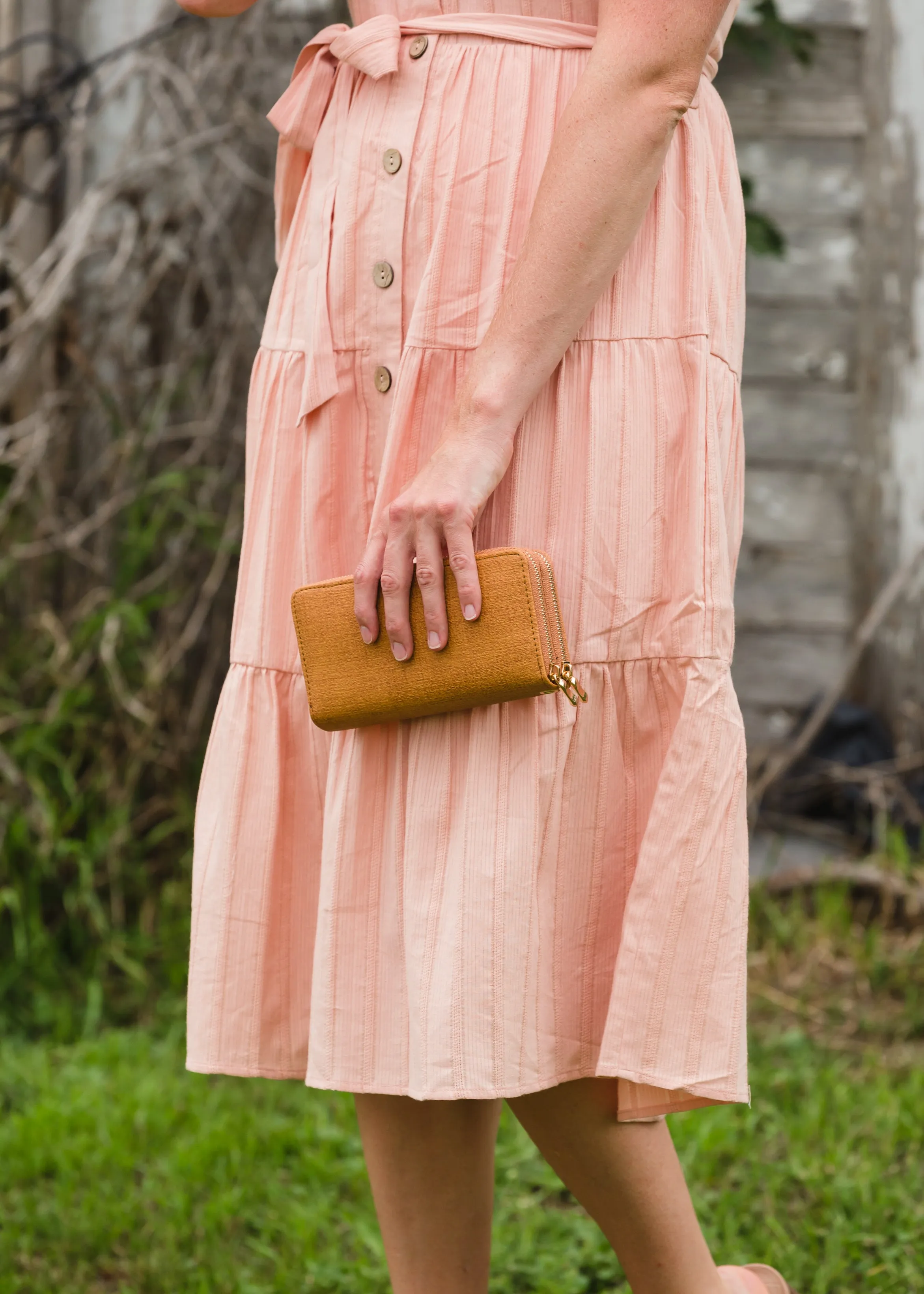 Peach Button Front V-Neck Midi Dress - FINAL SALE