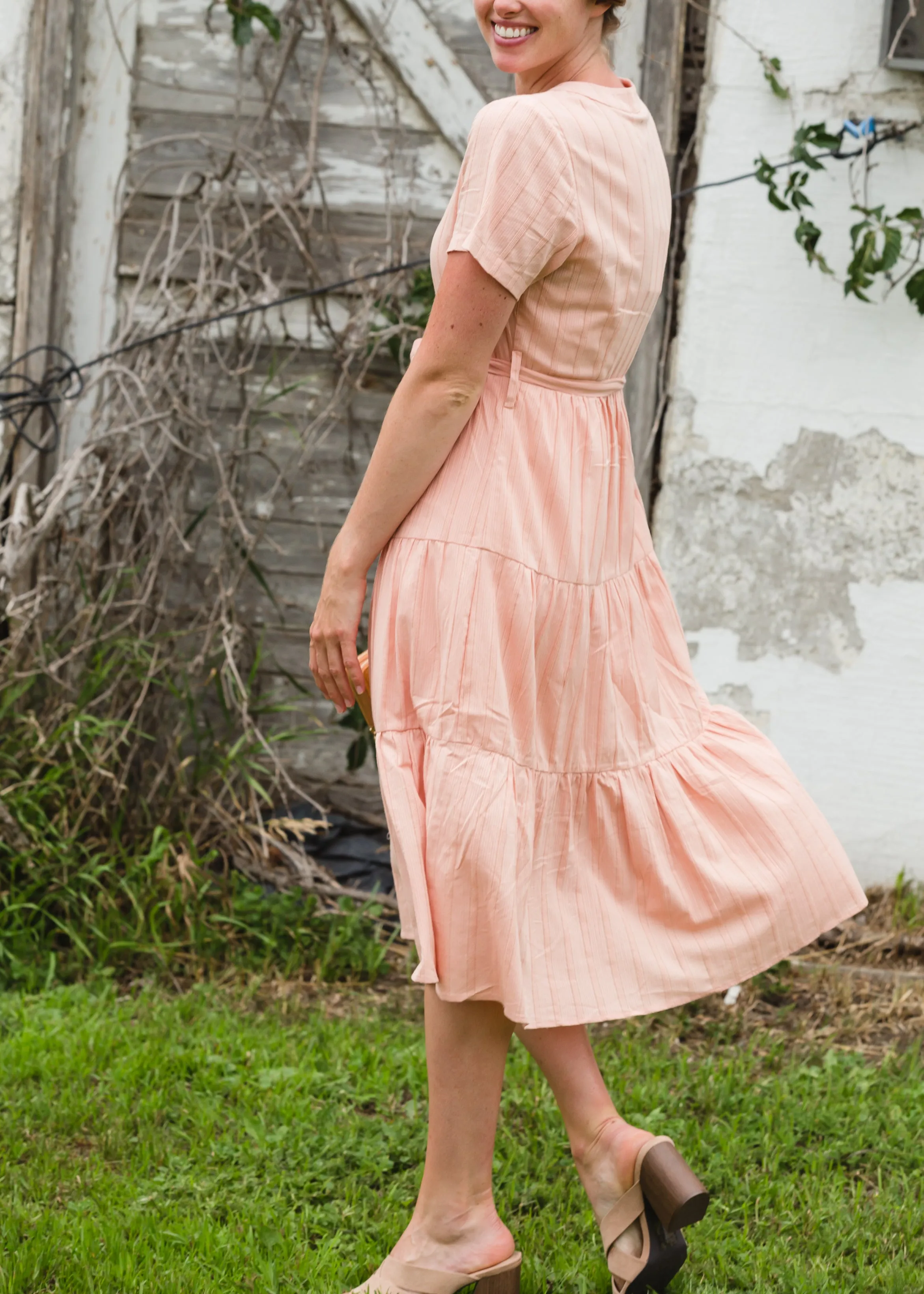 Peach Button Front V-Neck Midi Dress - FINAL SALE