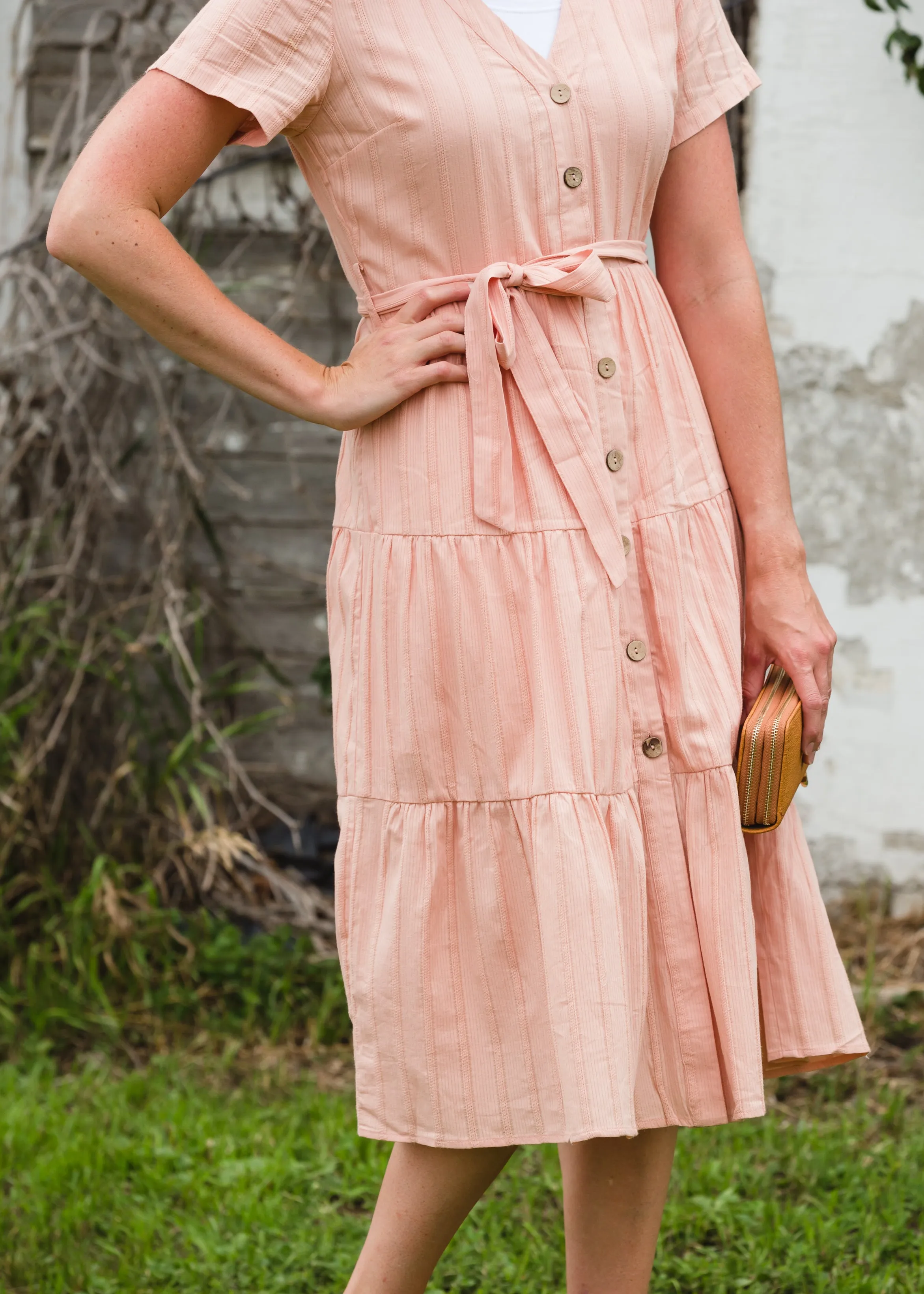 Peach Button Front V-Neck Midi Dress - FINAL SALE