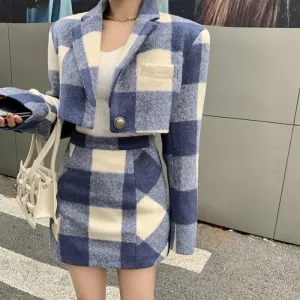 Plaid Woolen Suit Two Piece Sets High Waist Mini Skirt Wool Blends Set