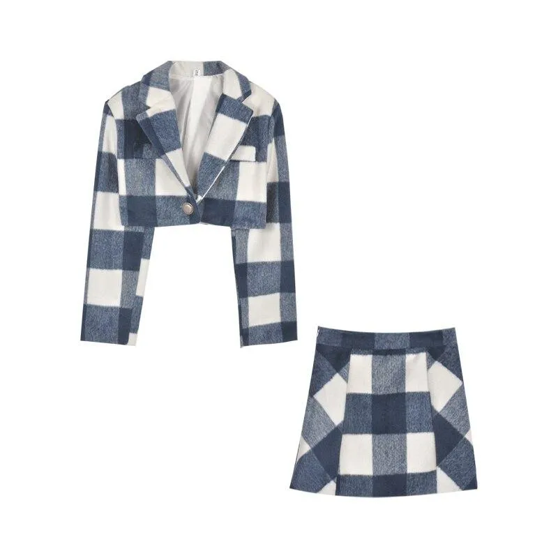 Plaid Woolen Suit Two Piece Sets High Waist Mini Skirt Wool Blends Set
