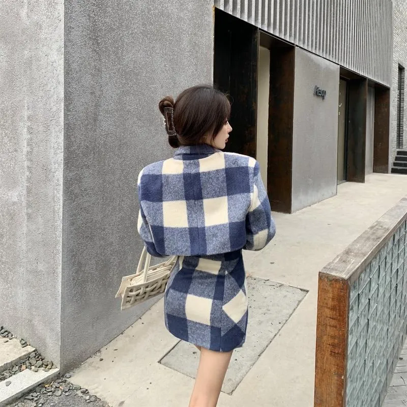 Plaid Woolen Suit Two Piece Sets High Waist Mini Skirt Wool Blends Set