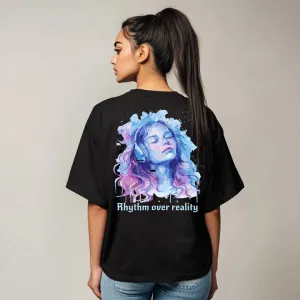 "Rhythm Over Reality" Watercolor Music-Themed Women's Oversized Cotton T-Shirt