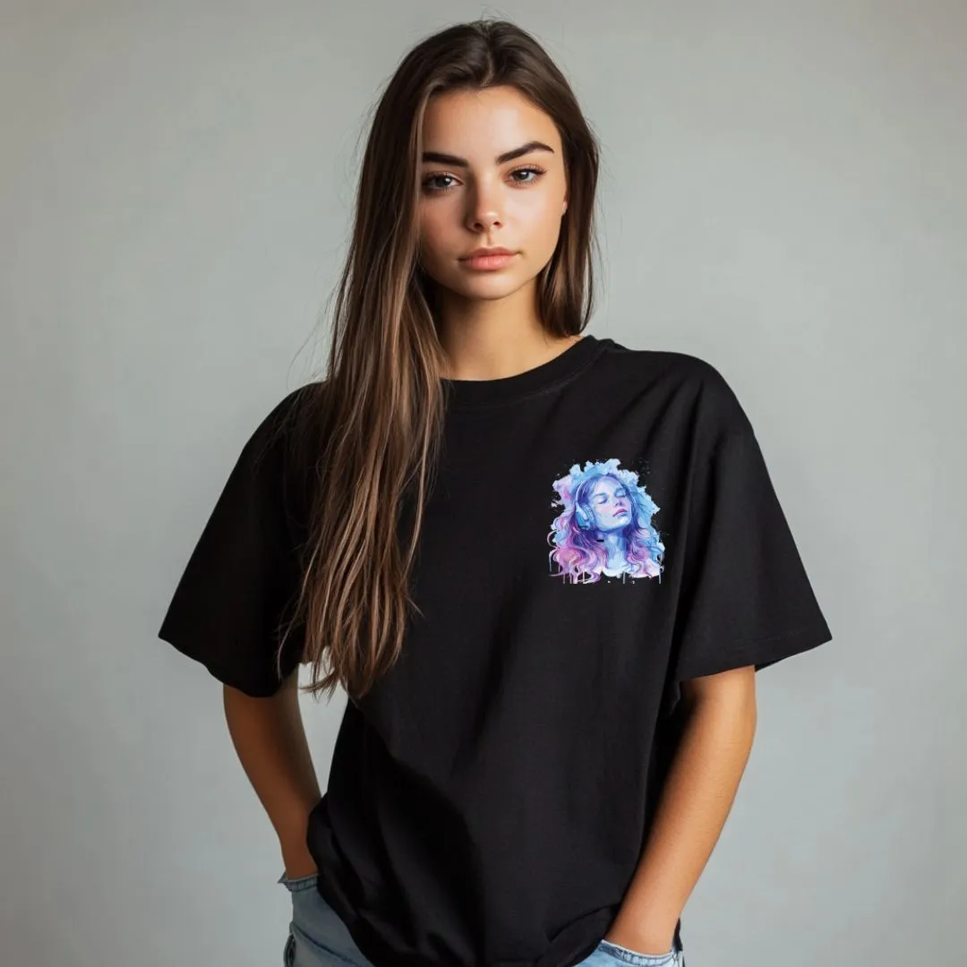 "Rhythm Over Reality" Watercolor Music-Themed Women's Oversized Cotton T-Shirt