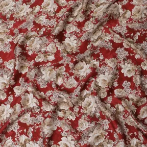 Rich Crimson Red Floral Modal Satin Fabric - 110 cm Width, Soft Elegant Material from India-D19221