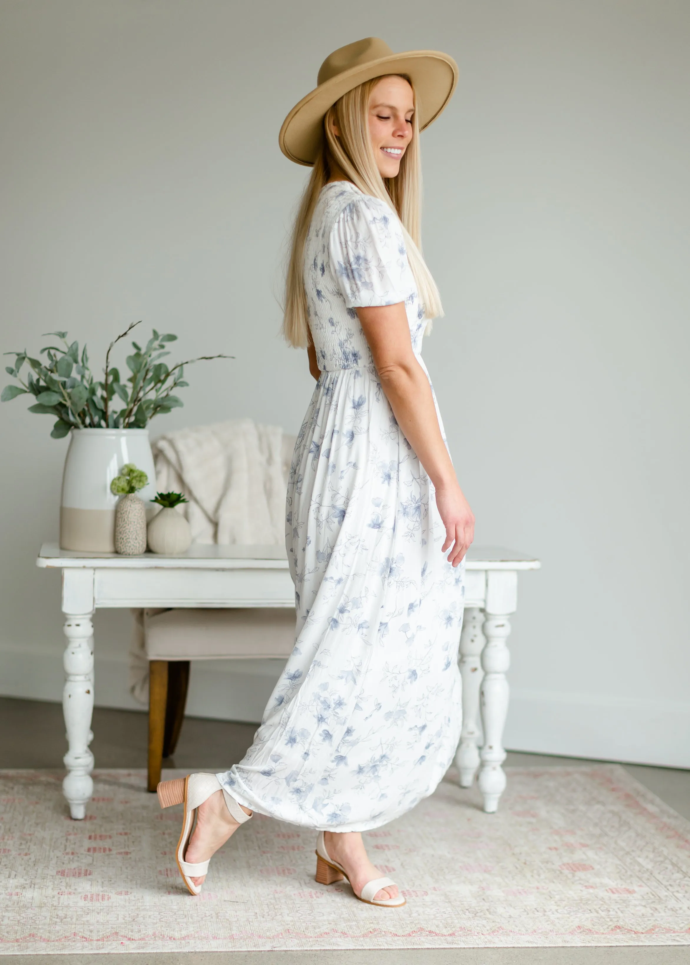 Smocked Blue Floral Maxi Dress