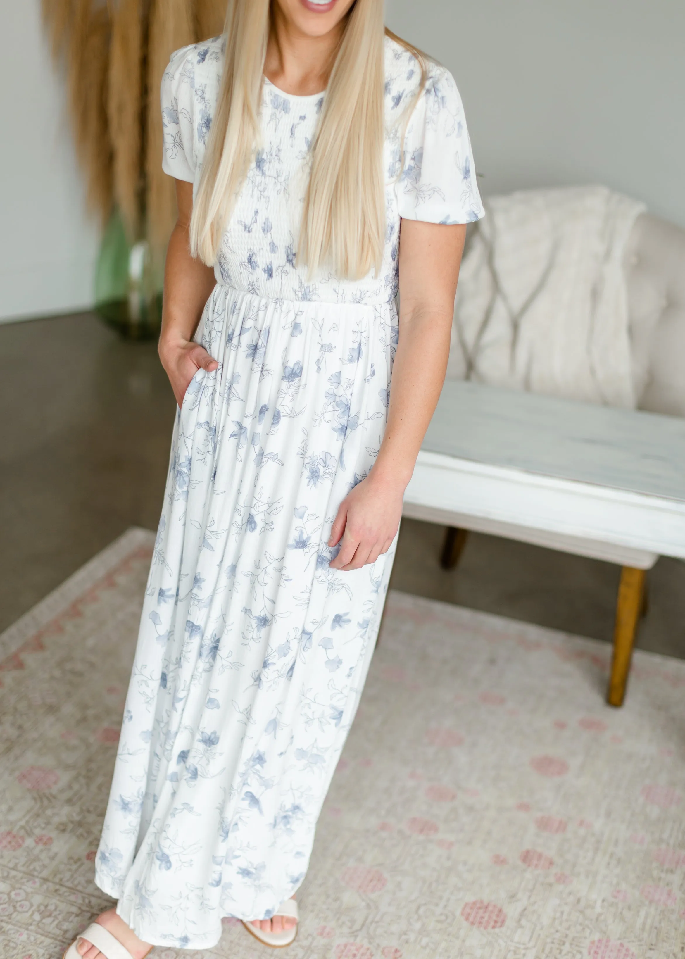 Smocked Blue Floral Maxi Dress