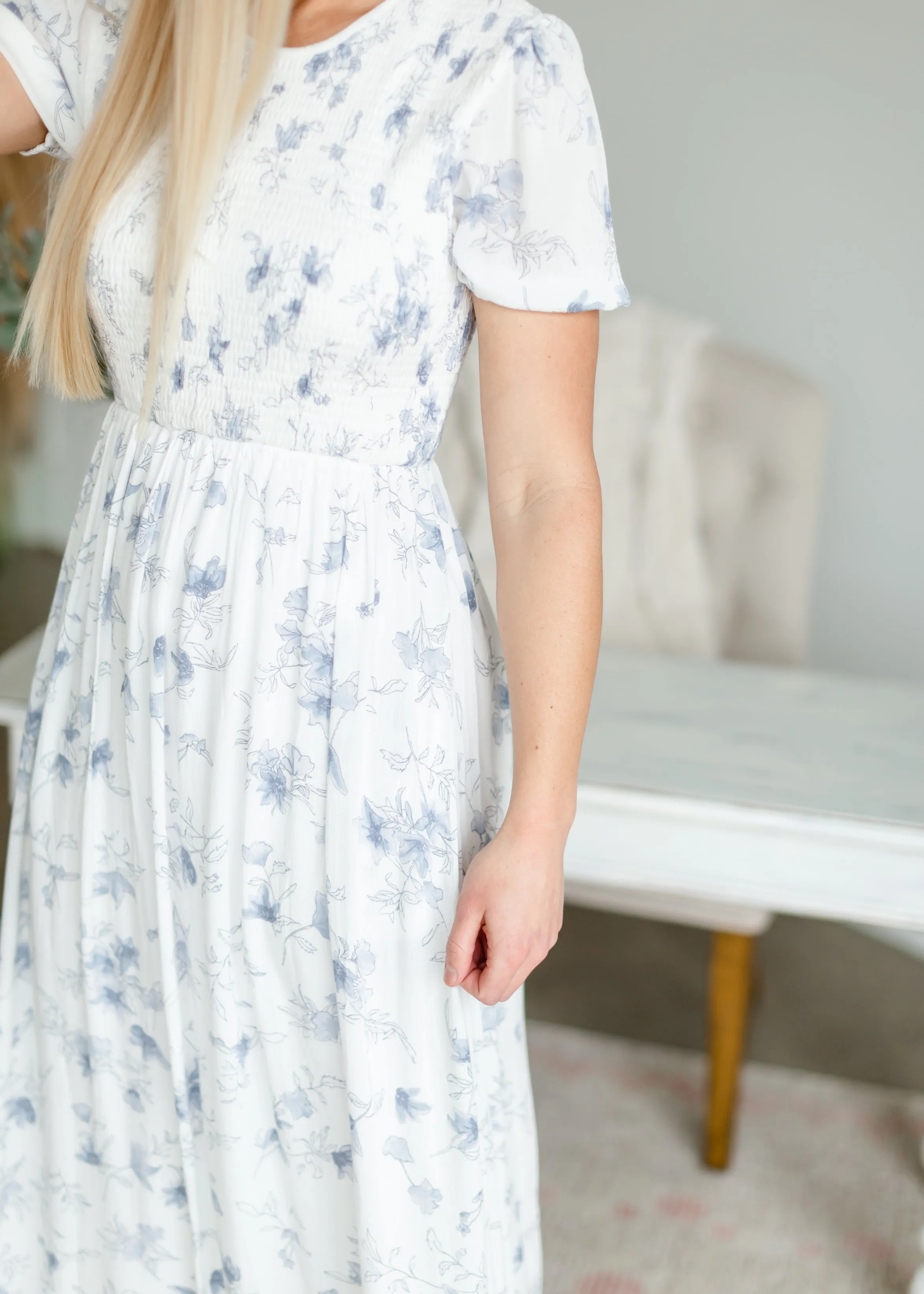 Smocked Blue Floral Maxi Dress