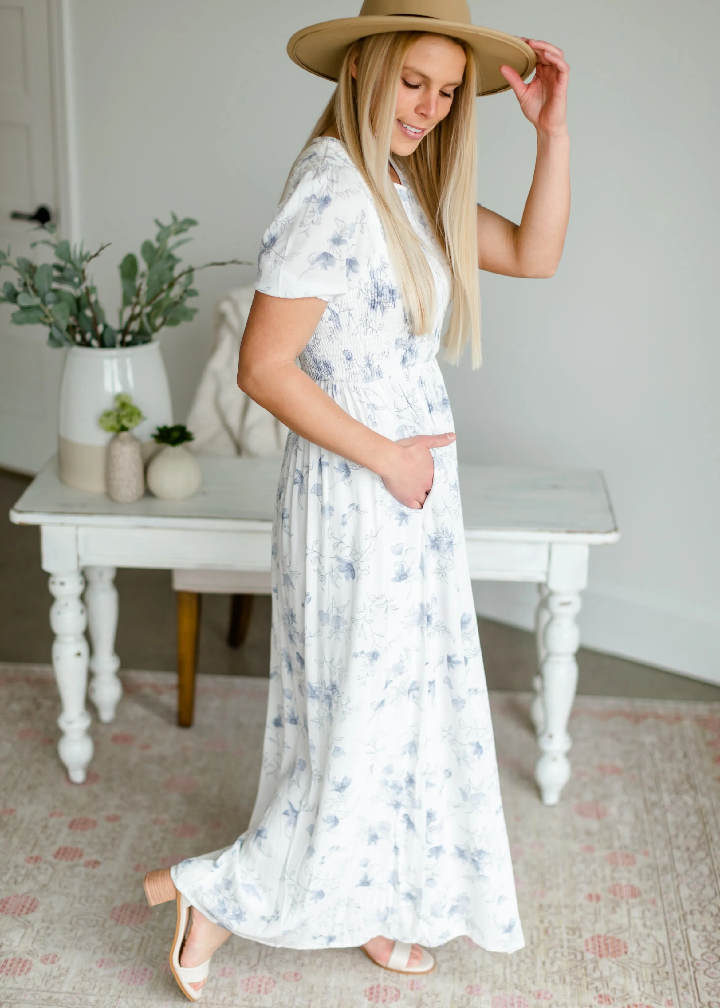 Smocked Blue Floral Maxi Dress