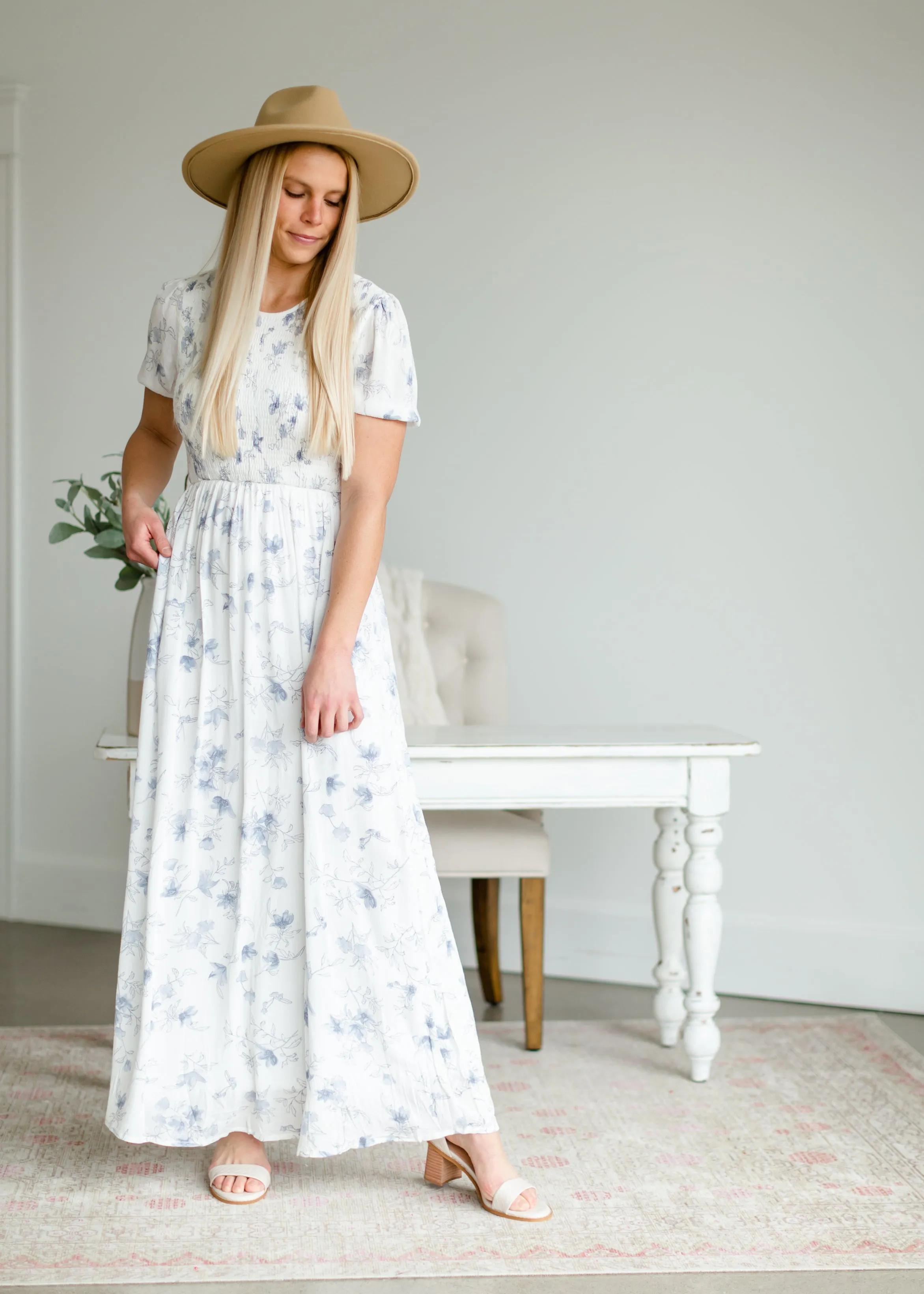 Smocked Blue Floral Maxi Dress