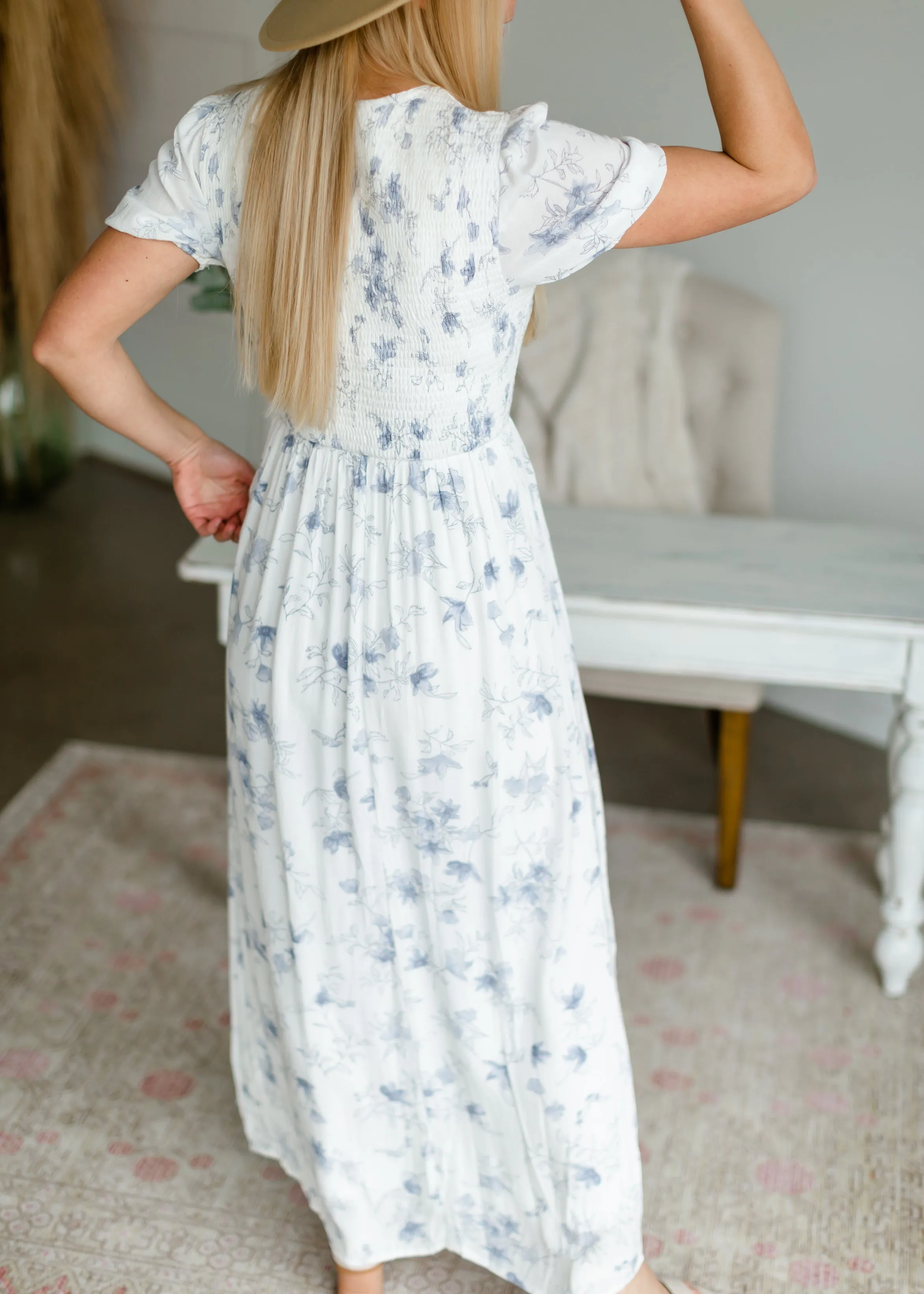 Smocked Blue Floral Maxi Dress