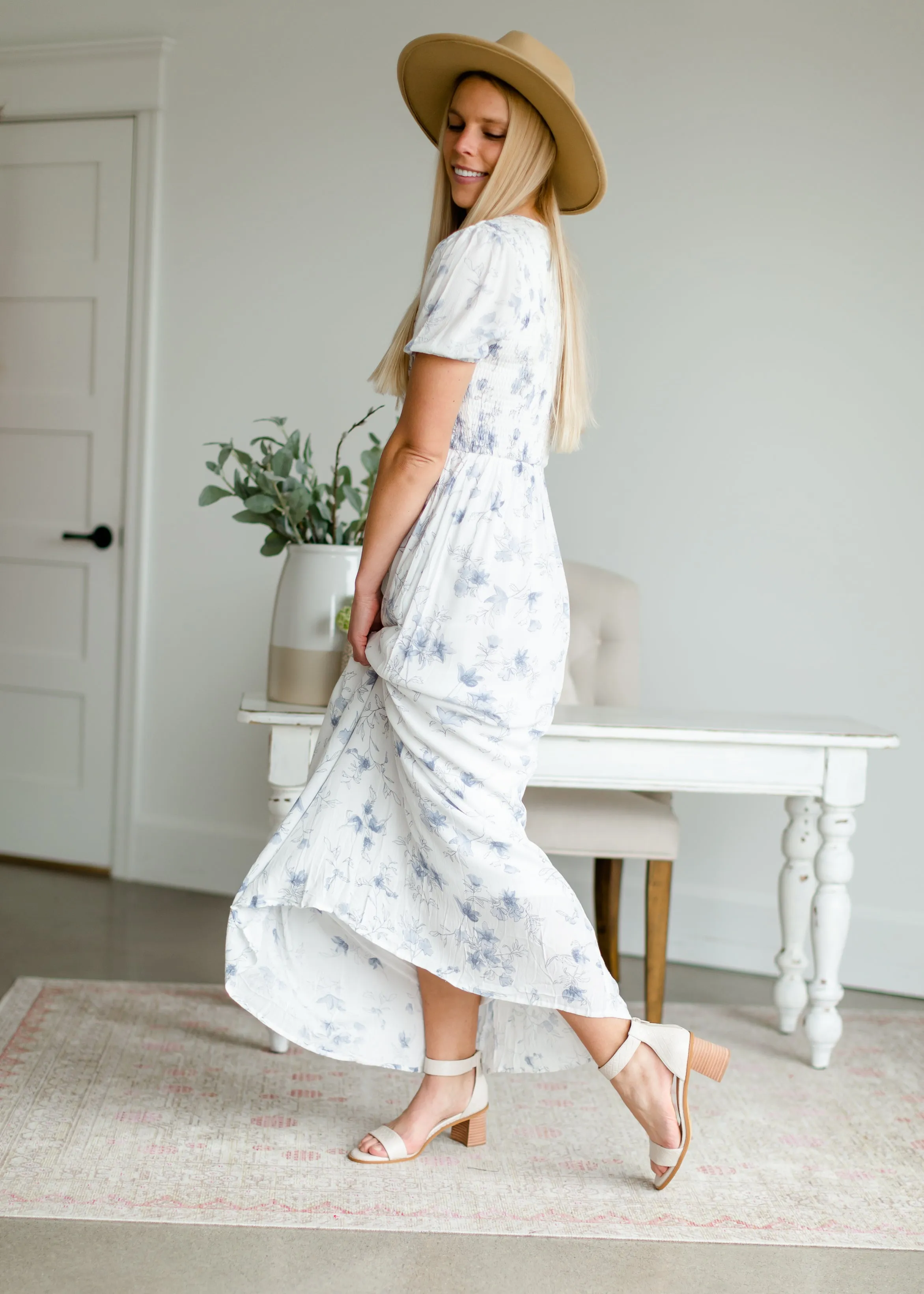 Smocked Blue Floral Maxi Dress