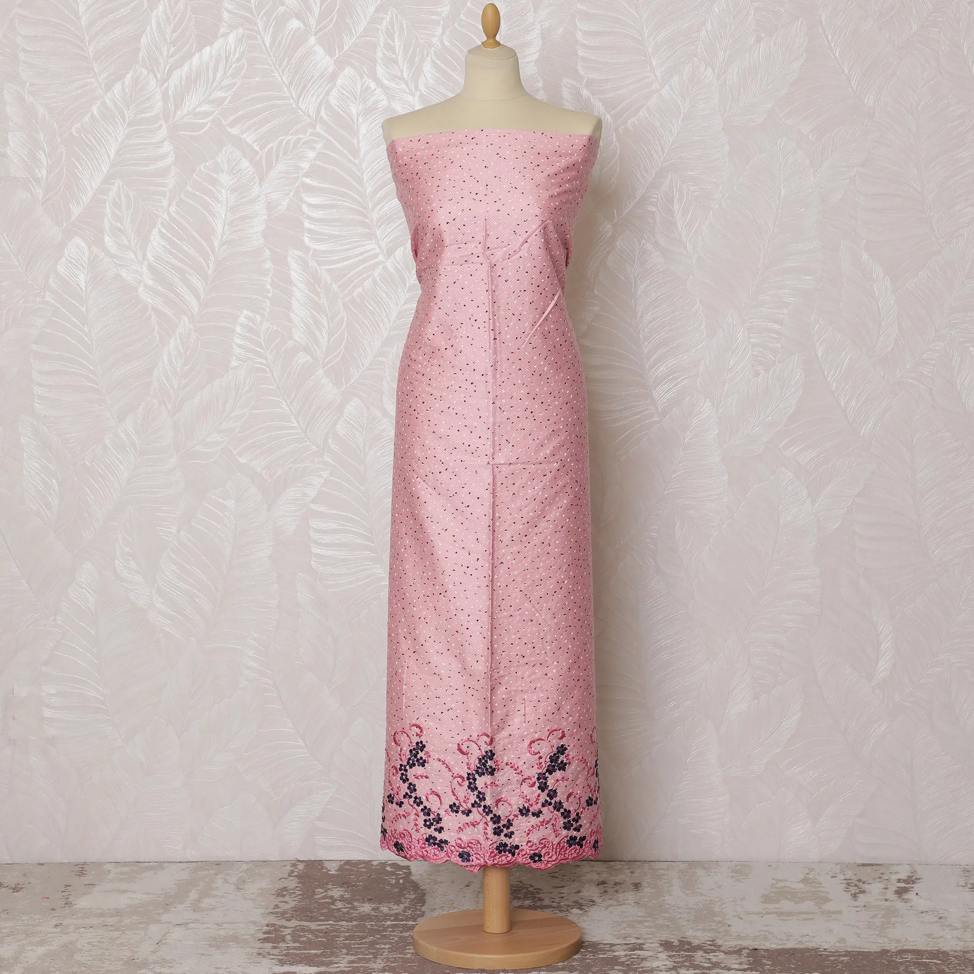 Soft Pink Blended Cotton Fabric with Floral Embroidery - Last Piece of 3.0 Meters, 110 cm Width-D19777