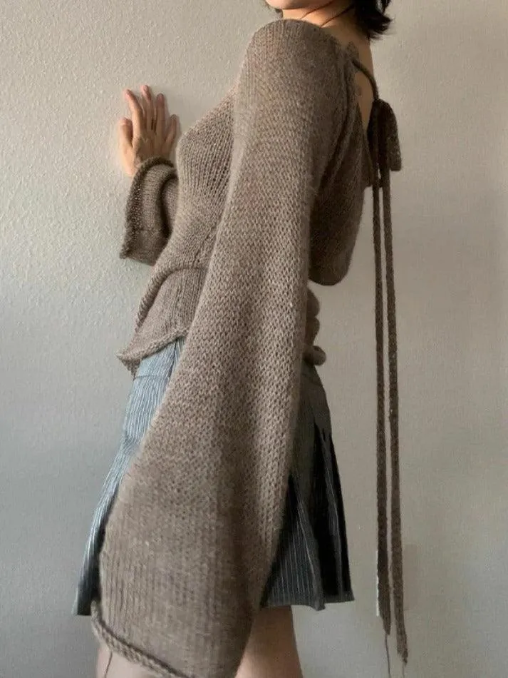 Solid Color Backless Lace Up Long Sleeve Knit