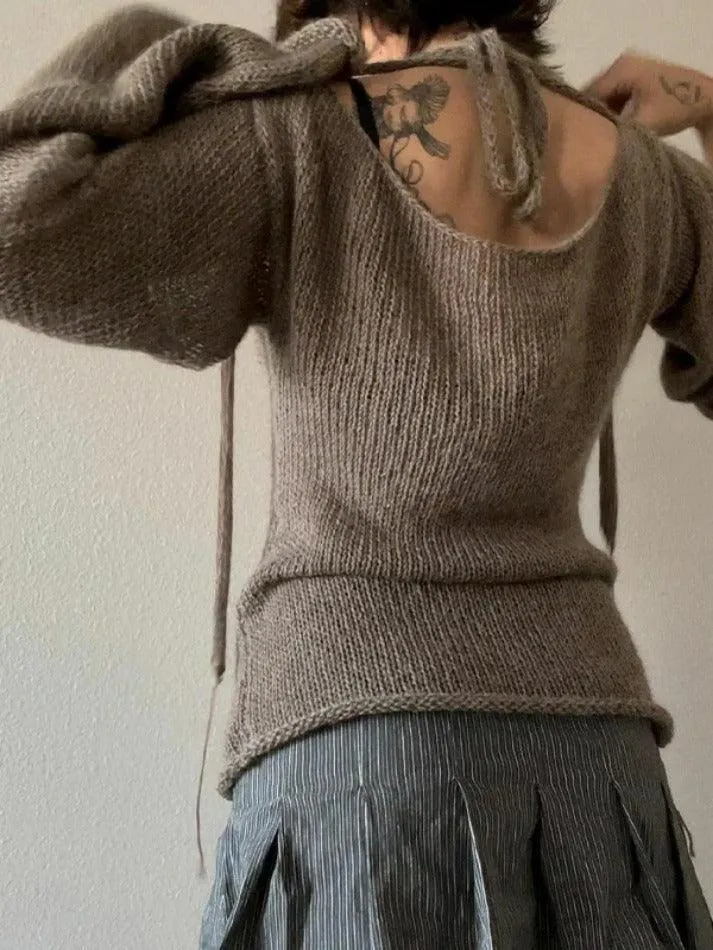Solid Color Backless Lace Up Long Sleeve Knit