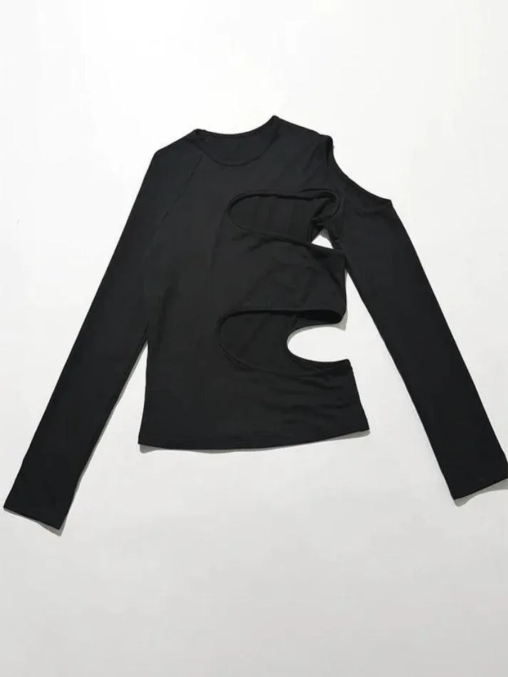 Solid Hollow Out Crew Neck Long Sleeve Tee