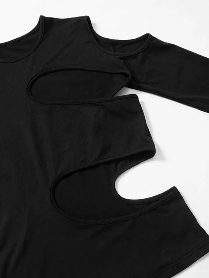 Solid Hollow Out Crew Neck Long Sleeve Tee
