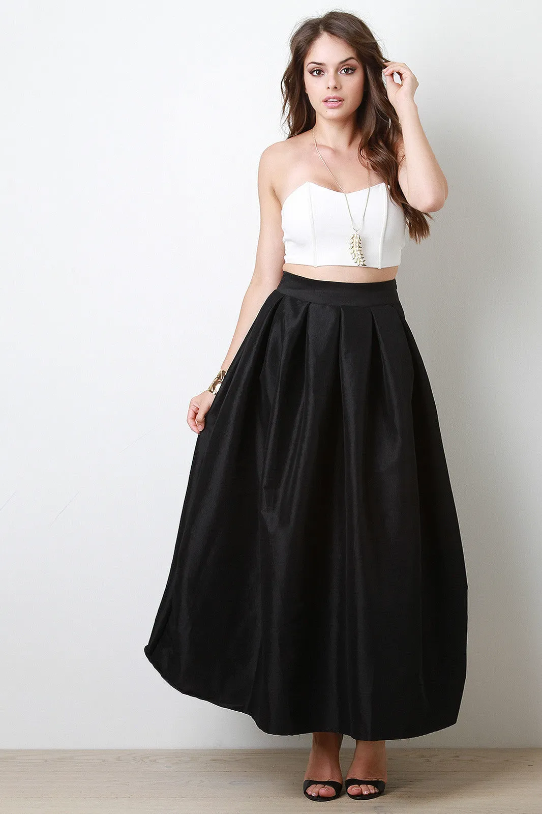 Taffeta Pleated Maxi Skirt
