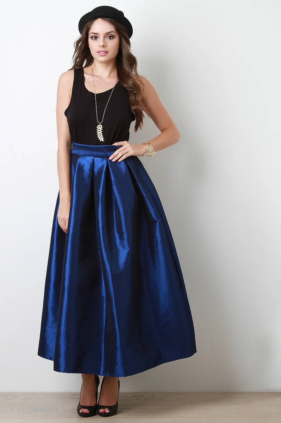 Taffeta Pleated Maxi Skirt