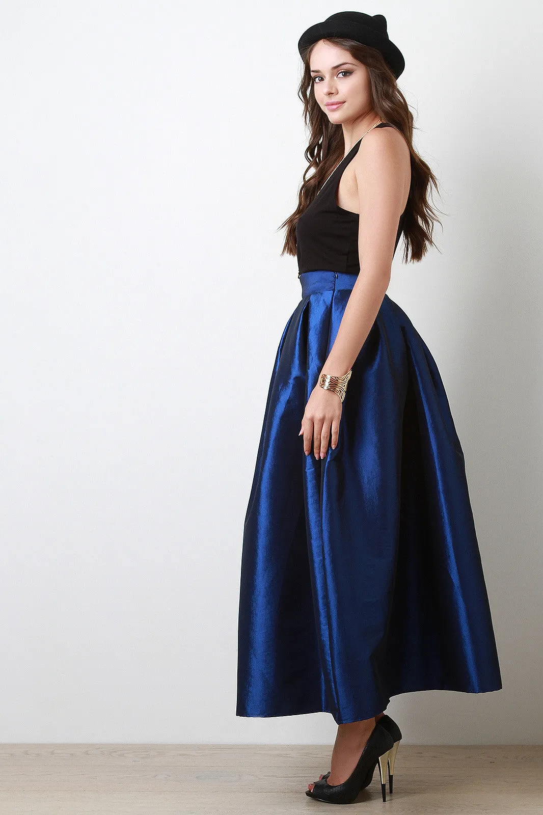 Taffeta Pleated Maxi Skirt