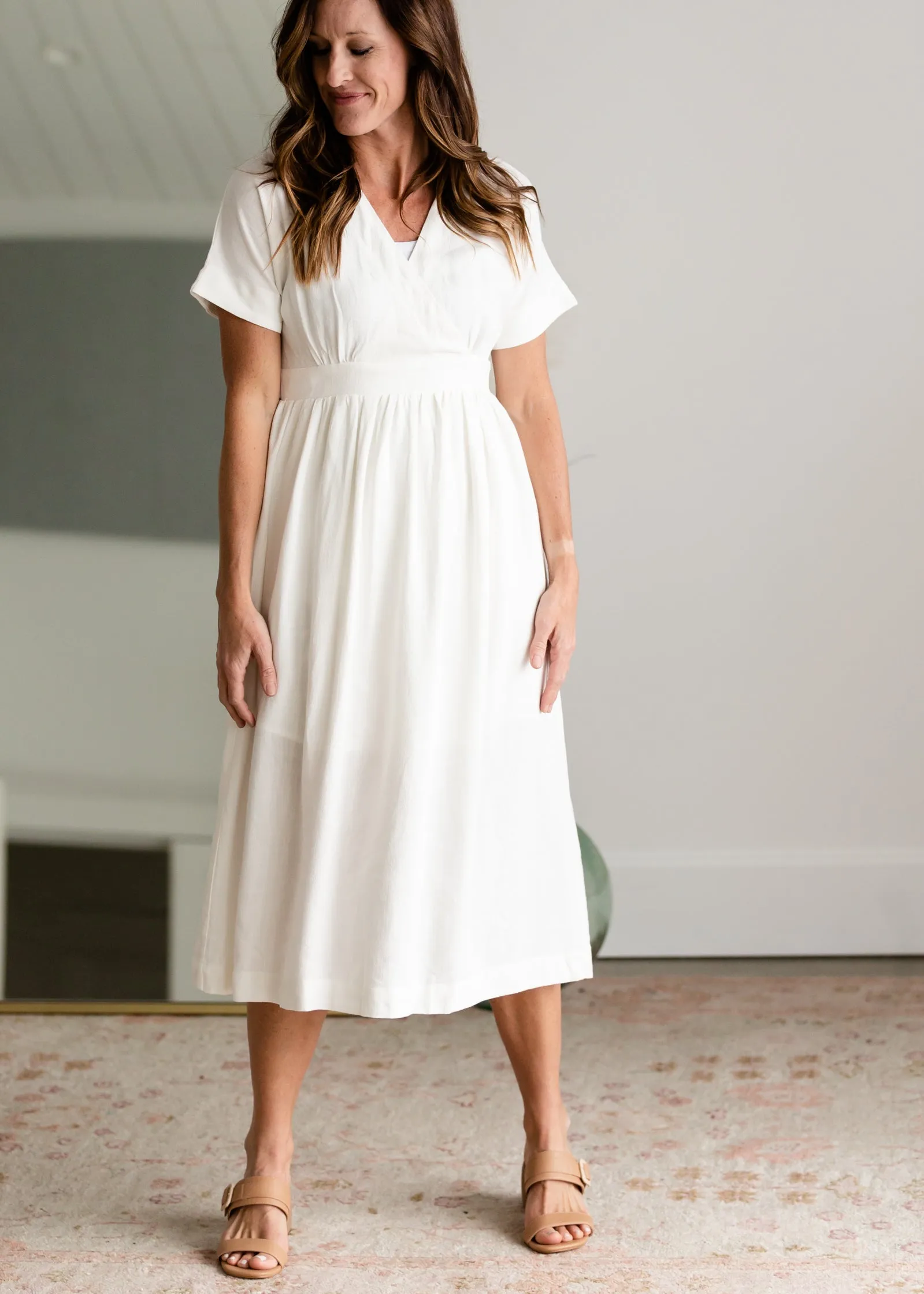 V-Neck Pleated Classic White Midi Dress - FINAL SALE