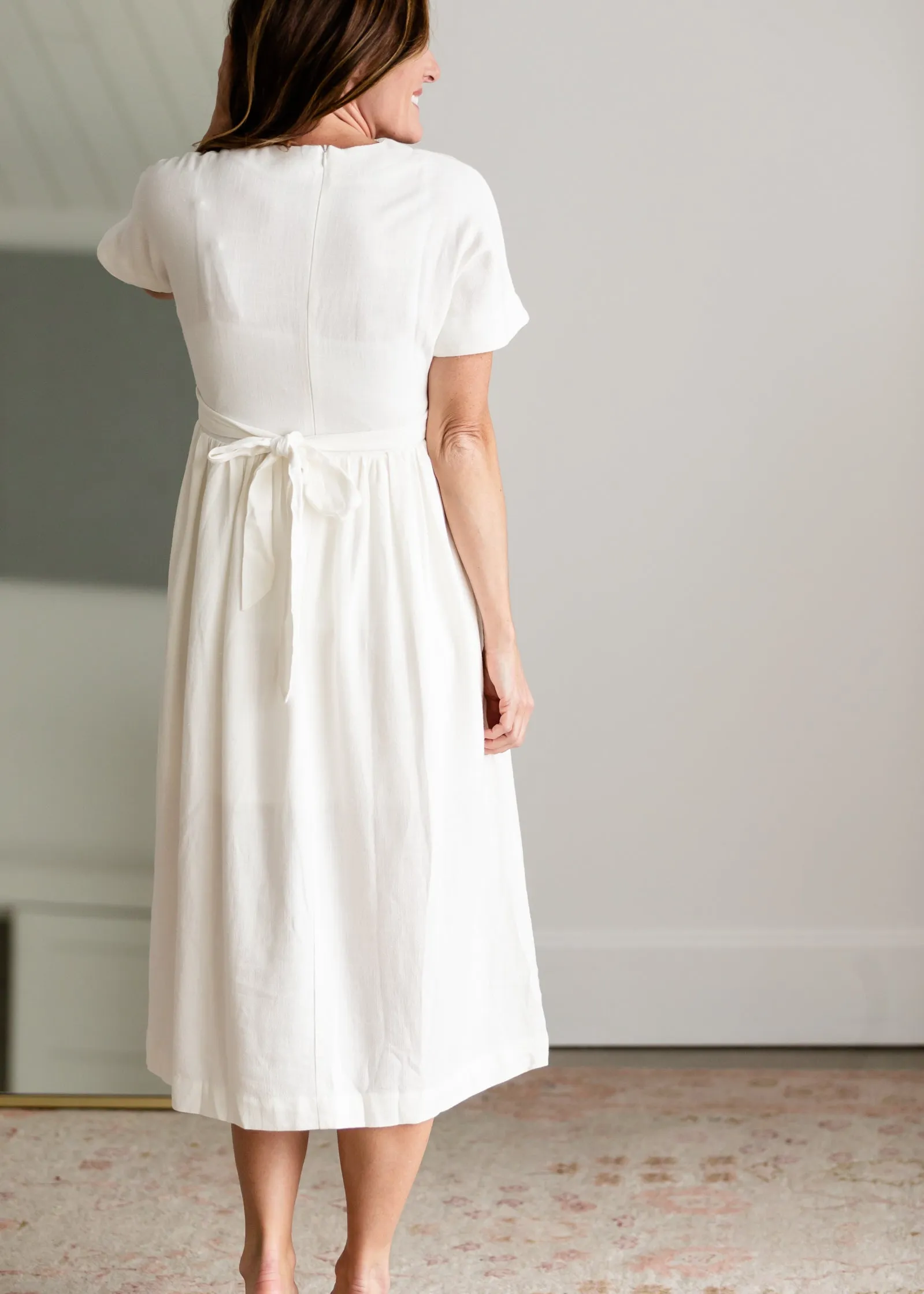 V-Neck Pleated Classic White Midi Dress - FINAL SALE