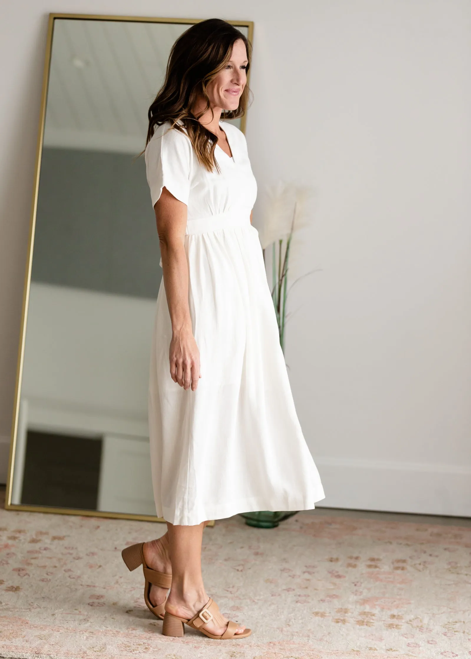 V-Neck Pleated Classic White Midi Dress - FINAL SALE