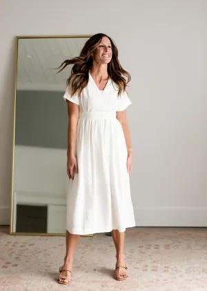 V-Neck Pleated Classic White Midi Dress - FINAL SALE