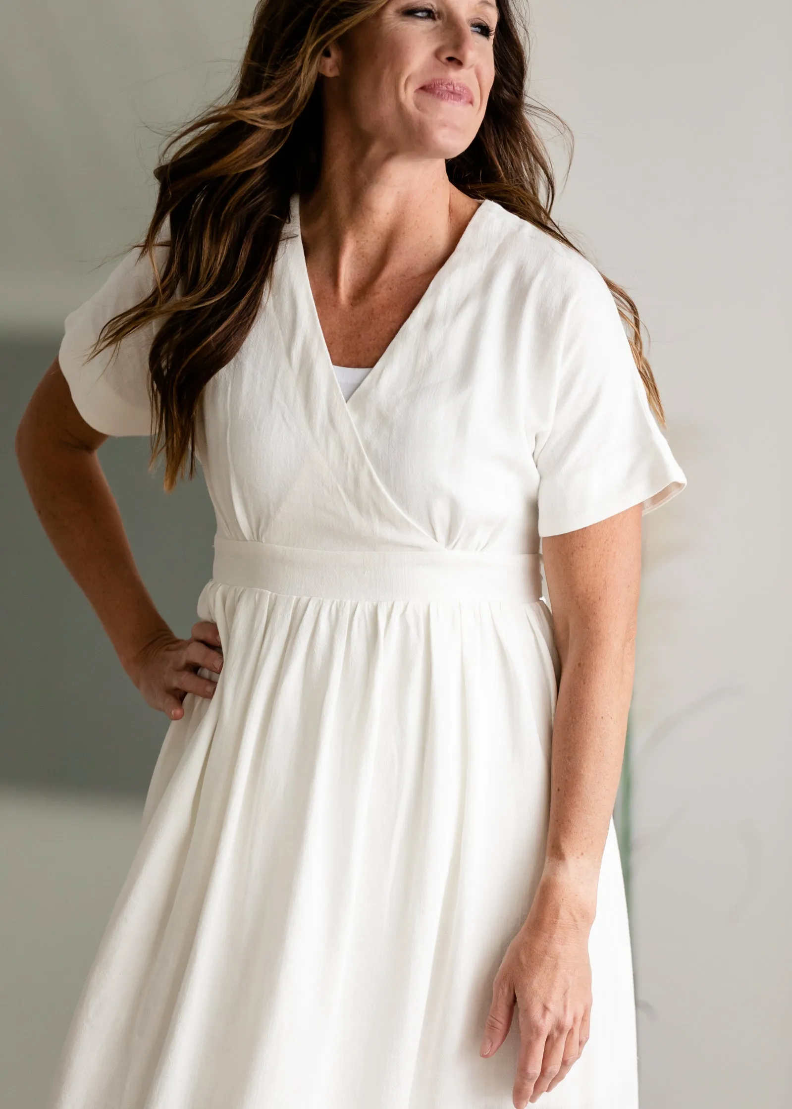 V-Neck Pleated Classic White Midi Dress - FINAL SALE