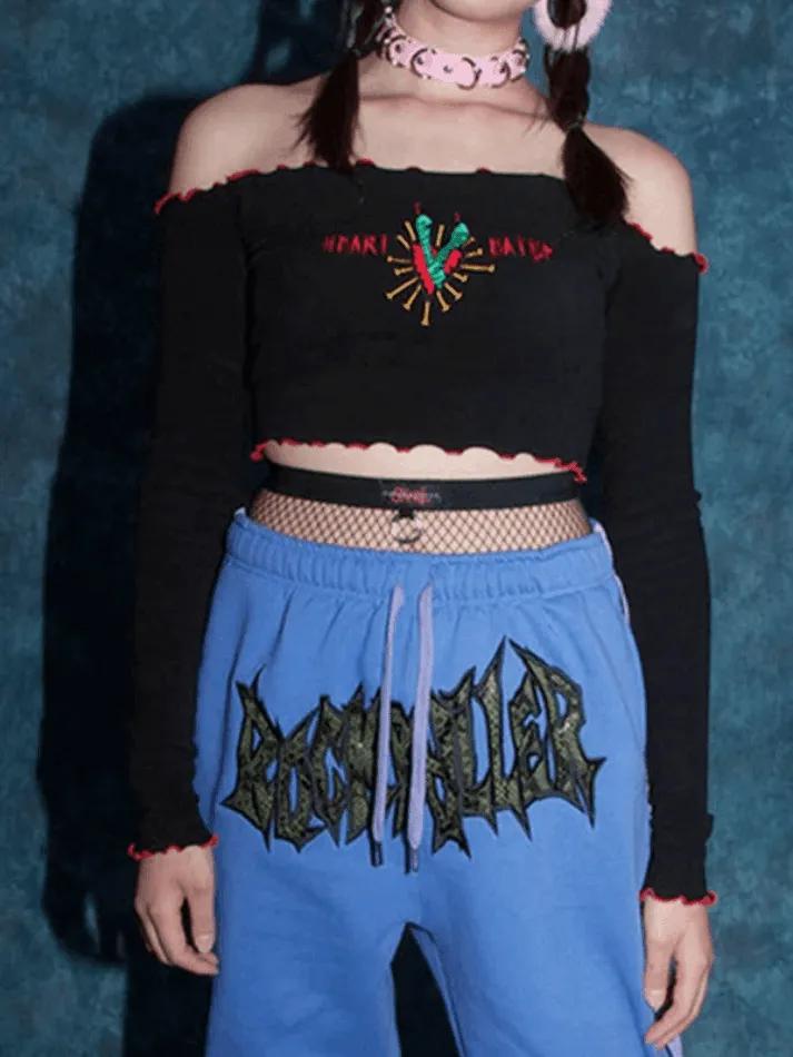Vintage Embroidery Fungus Off Shoulder Long Sleeve Tee