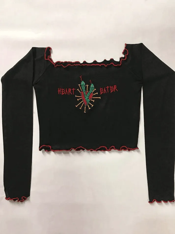 Vintage Embroidery Fungus Off Shoulder Long Sleeve Tee