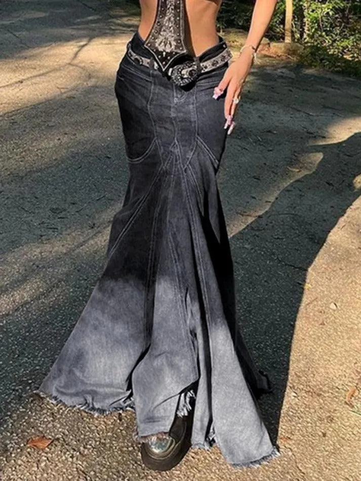 Vintage Ombre Splice Raw Hem Mermaid Denim Maxi Skirt