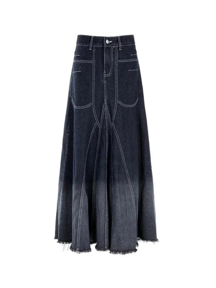 Vintage Ombre Splice Raw Hem Mermaid Denim Maxi Skirt