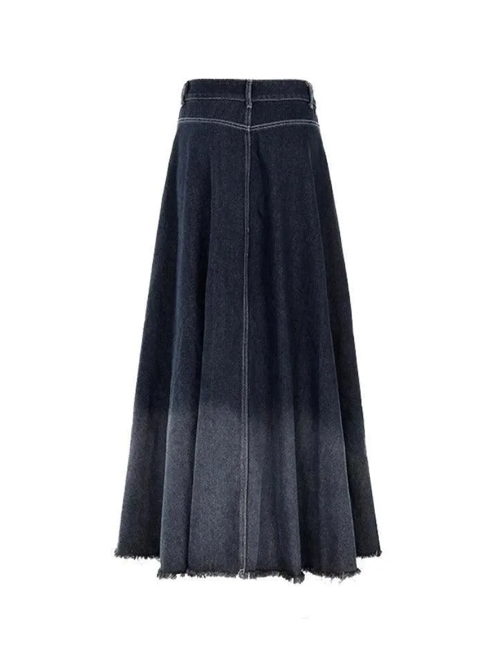 Vintage Ombre Splice Raw Hem Mermaid Denim Maxi Skirt