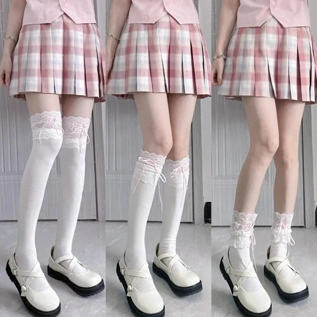 White Lolita Socks with Ribbon | Trim Knee High Stockings