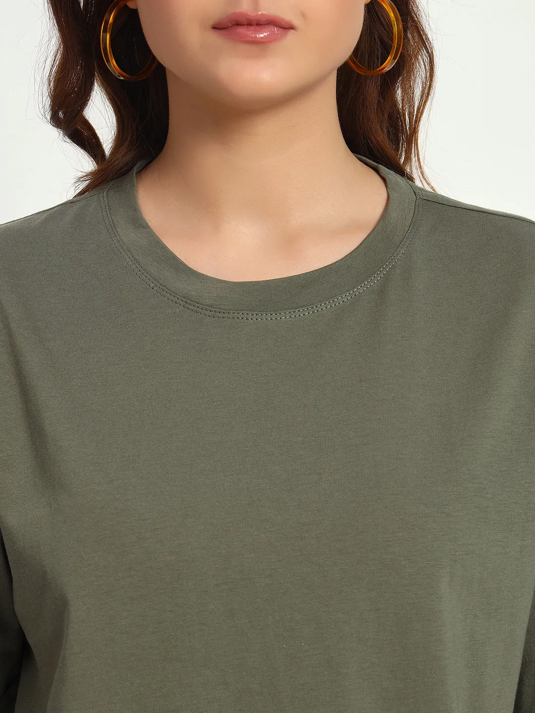 Women Green Solid Round Neck Pure Cotton T-Shirt