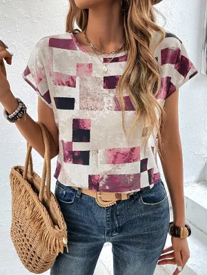 Women's Chic Geometric Aztec Print T-Shirt - Casual Crew Neck, Durable Non-Stretch Fabric, Ideal for Summer Wear