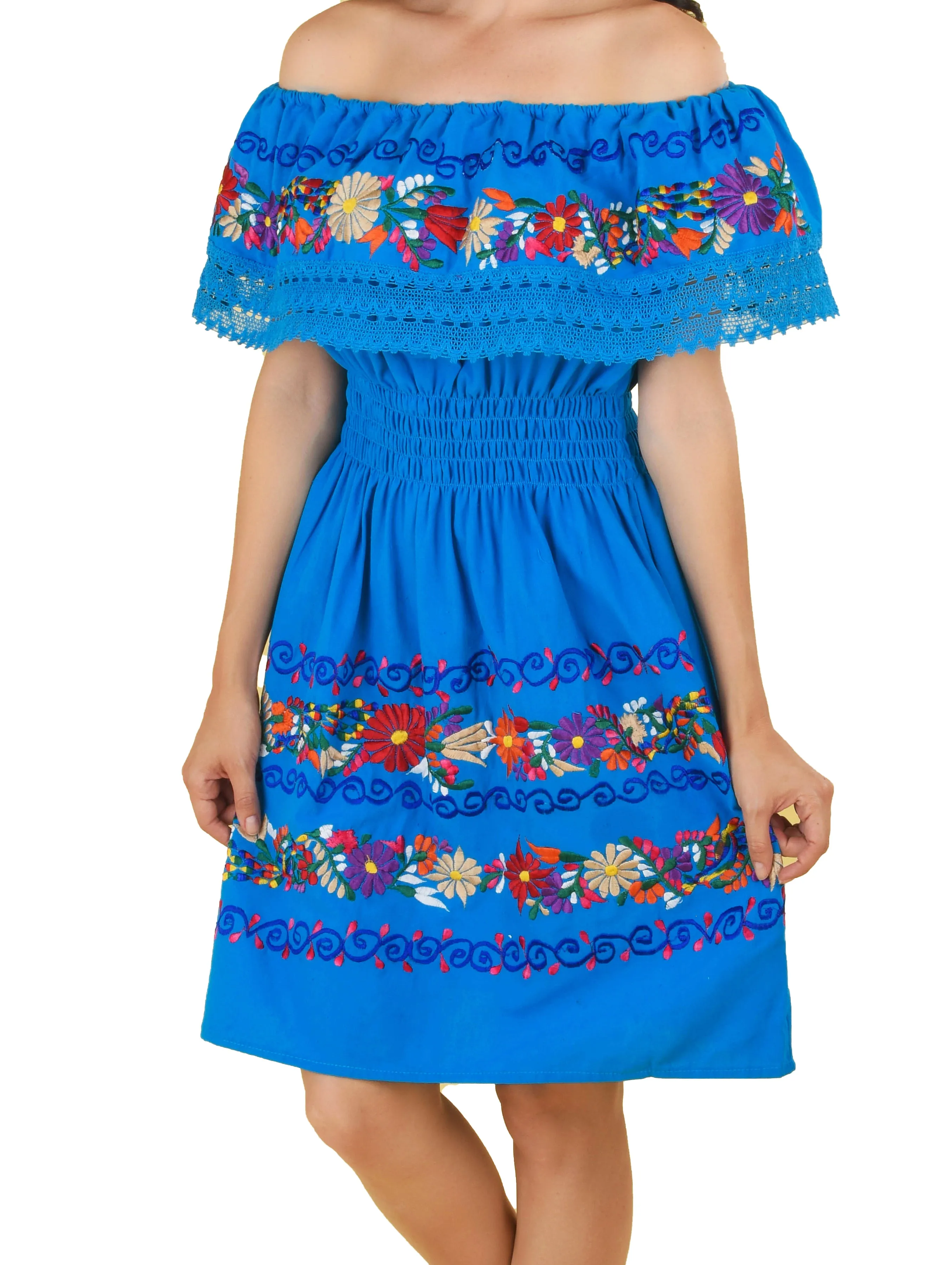 Womens Traditional Embroidered Manta Off Shoulder Dress Floral Royal Blue