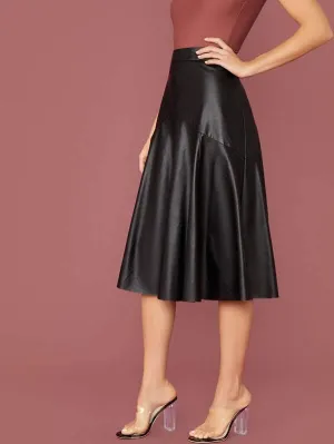 Zip Side Solid Flared Coated Skirt Zip Side Solid Flared Coated Skirt